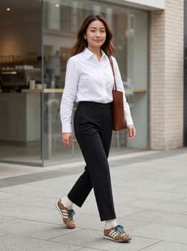 Leopard Print Sl 72 Og Shoes – High-waisted black straight-leg trousers paired with a tucked-in oversized white button-down shirt and minimalist gold jewelry to let the leopard print pop.