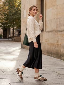 Leopard Print Sl 72 Og Shoes – A black satin slip midi skirt worn with a chunky cream knit sweater and layered anklets for a sophisticated yet edgy feminine look.