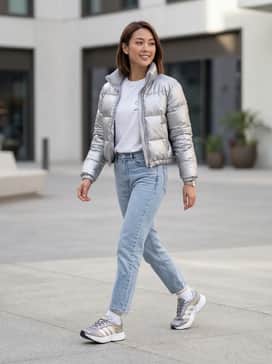 Light-wash straight-leg jeans paired with a tucked-in oversized white graphic tee and a cropped silver puffer jacket for a cohesive metallic look.