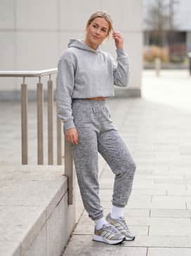 Lightblaze Glow Shoes – Marl grey high-waisted joggers and a matching cropped hoodie with white crew socks for a clean, coordinated athletic ensemble.