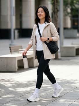 A sleek urban look featuring high-waisted black performance leggings paired with a white cropped tank and an oversized beige trench coat for a sophisticated commute.