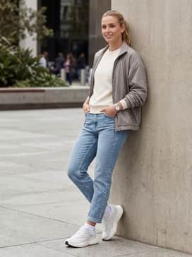 A contemporary feminine outfit with a rib-knit midi dress in a soft oat color, layered with a cropped denim jacket for a textured, sporty-chic vibe.