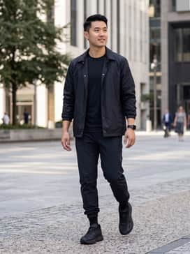 Slim-fit black joggers paired with a fitted technical t-shirt and a lightweight black coach jacket for a sleek, all-black athletic look.