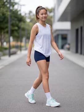 A performance-ready look featuring navy blue compression shorts, a white breathable mesh tank top, and white crew socks for a classic court aesthetic.