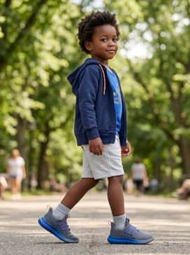 Light grey French terry sweat-shorts paired with a royal blue graphic tank top and a matching blue zip-up hoodie for a comfortable summer outfit.