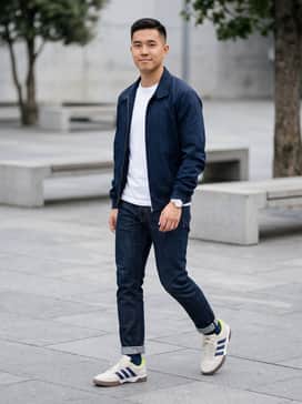Lovb X Adidas Spezialist Indoor Shoes – A pair of slim-fit dark indigo denim jeans, a crisp white T-shirt, and a navy Harrington jacket to mirror the iconic three-stripes color.