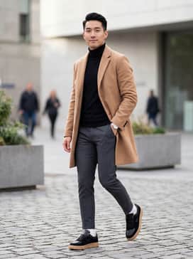 Pair with dark charcoal slim-fit trousers, a black turtleneck, and a structured camel overcoat for a sophisticated city look.