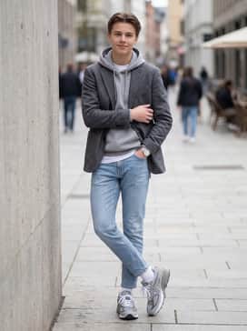 A trendy weekend outfit pairing vintage-wash straight-leg denim with a black cropped hoodie and a structured grey blazer to balance the athletic silhouette.
