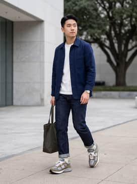 Selvedge denim jeans with a slight cuff, paired with a heavyweight white t-shirt and an unbuttoned navy chore jacket for a classic workwear aesthetic.