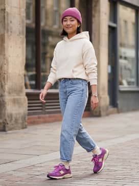 High-waisted light-wash relaxed jeans paired with a neutral cream-colored hoodie and a matching magenta beanie to draw out the shoe's primary hue.