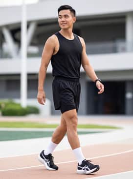 A high-performance athletic look featuring moisture-wicking black compression shorts, a neon-colored breathable mesh tank top, and white crew-length running socks to emphasize the clean lines of the shoe.