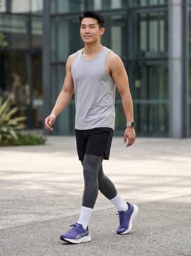 Magnify Nitro 2 – A performance-focused look featuring black moisture-wicking running shorts, a light grey tech-fabric tank top, and high-performance white crew socks for a morning jog.