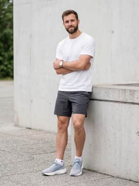 Active Summer: Style with breathable grey mesh shorts and a white racerback tank top, finished with low-cut white athletic socks for a clean, sporty vibe.