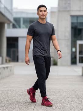 Mahomes 2 Impact Flx Tailgate Turf Training Shoes – A high-performance gym outfit featuring black tapered joggers, a dark grey moisture-wicking compression tee, and a matching burgundy sports headband to coordinate with the shoe's rich color.
