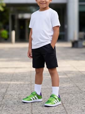 Classic black athletic shorts and a breathable white performance tee for a sporty, high-energy look.