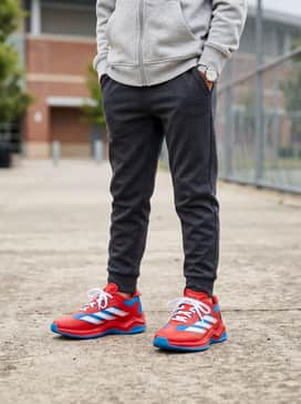 Marvel Spiderman Adizero Impact Turf Kids Shoes – Dark grey tapered joggers and a light grey zip-up hoodie, allowing the bright red and blue of the shoes to pop as the outfit's centerpiece.