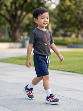 A Spider-Man graphic tee paired with navy blue athletic shorts and white crew socks for a complete superhero-inspired play look.