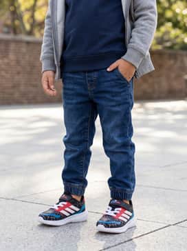 Dark wash jogger-style denim jeans and a grey zip-up hoodie over a simple white t-shirt for a comfortable yet stylish school day outfit.