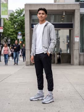Max Aura 7 – A clean, sporty look consisting of black tapered joggers, a crisp white technical fabric tee, and a light grey zip-up windbreaker to complement the cool grey tones.