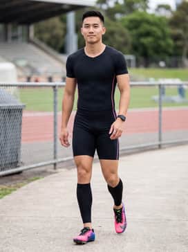 A form-fitting black aerodynamic speed suit with pink side-striping for a professional and streamlined race-day look.