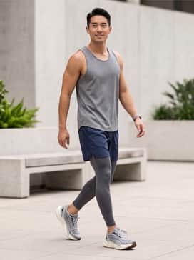 Performance Run: Charcoal moisture-wicking compression tights layered under navy blue 5-inch running shorts, topped with a light gray technical mesh tank top for maximum breathability.