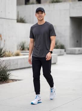 A sleek athletic look featuring black tapered moisture-wicking joggers, a charcoal performance compression shirt, and a black lightweight training cap.