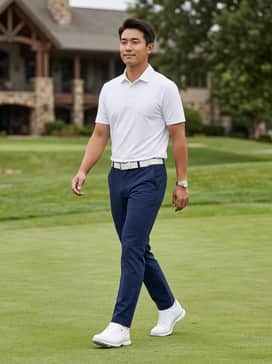 Mc70 Golf Shoes – A classic golf look featuring tailored navy blue chinos, a crisp white moisture-wicking polo shirt, and a white leather belt for a cohesive aesthetic.