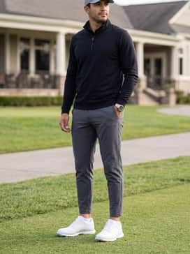 A modern athletic ensemble with tapered charcoal grey joggers, a high-performance black quarter-zip pullover, and a matching grey golf cap.