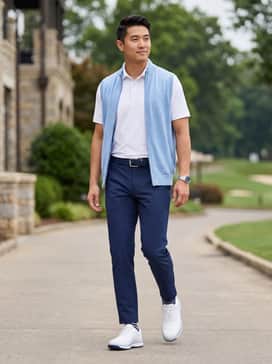 Mc80 Spikeless Golf Shoes – A classic golf aesthetic featuring navy performance-tapered chinos, a white moisture-wicking polo shirt, and a coordinated navy webbed belt.