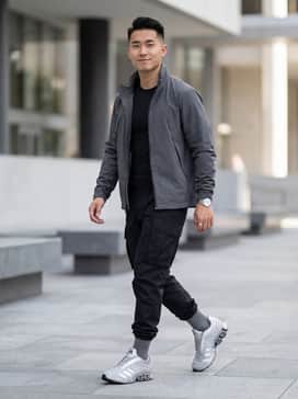 Megaride S2 M Shoes – A techwear-inspired look featuring black multi-pocket cargo pants, a moisture-wicking compression top, and a lightweight weather-resistant tactical shell jacket.