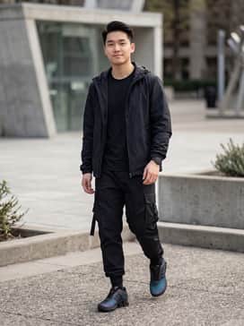 Megaride S2 Shoes – A full techwear look featuring black multi-pocket cargo joggers with tactical straps, a matte black windbreaker shell, and a moisture-wicking compression top.