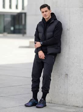 A sleek athleisure ensemble pairing black tapered joggers with a heavyweight black hoodie and a structured puffer vest for a monochromatic base.