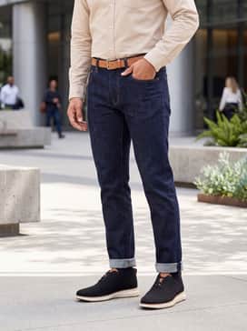 Combine with dark indigo raw denim jeans (cuffed once), a crisp white button-down shirt, and a tan leather belt that matches the shoe's accents.