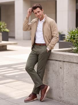 Olive green tailored trousers matched with a crisp white polo shirt and a beige Harrington jacket for a refined weekend vibe.
