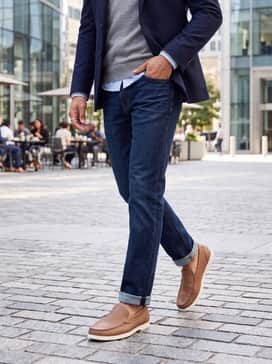 Mens American Classics Hampton Loafers – Combine with dark wash straight-leg jeans, a grey cashmere crewneck sweater layered over a light blue Oxford shirt, and a tailored navy blazer for a sophisticated business casual ensemble.