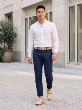 Pair with slim-fit navy chinos, a crisp white linen button-down shirt tucked in, and a matching sand-colored leather belt for a timeless nautical-inspired look.