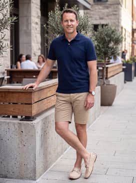 Mens Donohue Grand Bit Driving Loafers – Style with tailored khaki shorts and a navy blue pique polo shirt for an elevated weekend brunch or golf club outing.
