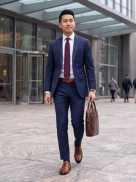 A slim-fit navy blue wool suit paired with a crisp white dress shirt, a deep burgundy silk necktie, and a matching cognac leather belt for a high-impact formal look.