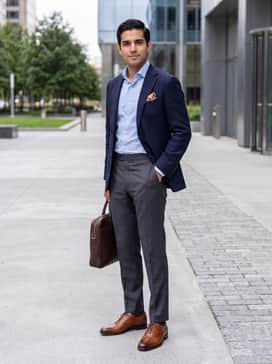 Charcoal grey tailored trousers worn with a light blue button-down shirt, a navy hopsack blazer, and a silk pocket square featuring shades of orange and tan.