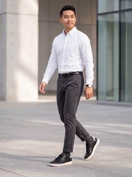 Mens Grand Crosscourt Daily Court Sneakers – Slim-fit charcoal chinos paired with a crisp white Oxford button-down shirt and a black leather belt for a clean, office-ready ensemble.