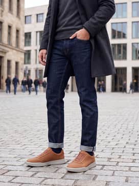 Mens Grand Crosscourt Modern Tennis Sneakers – Dark wash selvedge denim jeans with a light grey cashmere crewneck sweater and a navy wool overcoat for a sophisticated cold-weather ensemble.