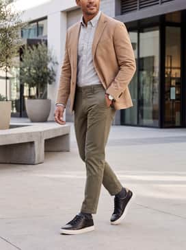 For a smart-casual office vibe, wear them with tapered olive chinos, a light grey oxford cloth button-down, and a tan unstructured blazer to complement the heel detail.