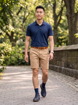 A white performance polo shirt paired with tailored tan golf shorts and a matching leather belt for a classic course look.