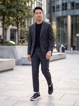 Mens Grandpr Topspin Sneakers – A charcoal grey slim-fit suit worn with a black pima cotton t-shirt for a sophisticated 'suit-and-sneakers' office look.
