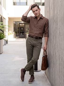 Tapered olive cargo trousers and a tan linen shirt for a sophisticated yet relaxed weekend brunch appearance.