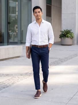 Mens Riginalgrand Cityspectre Wholecut Oxfords – Tailored navy chinos paired with a crisp white button-down shirt and a matching brown suede belt for a classic office look.