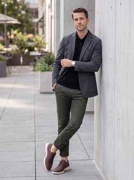 Mens Riginalgrand Cityspectre Wholecut Oxfords – Olive green tapered trousers matched with a black polo shirt and a structured blazer for a contemporary business-casual aesthetic.