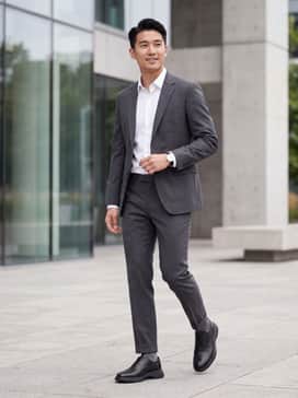 A slim-fit charcoal grey suit with a crisp white button-down shirt and no tie for a modern, polished office aesthetic.