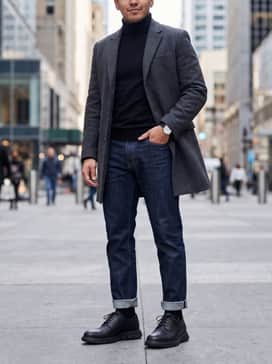 Dark indigo selvedge denim jeans paired with a black cashmere turtleneck and a tailored wool overcoat for a sophisticated winter look.