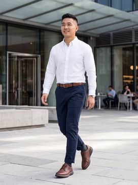 Navy blue slim-fit chinos paired with a crisp white button-down shirt and a matching brown leather belt for a quintessential office-ready look.